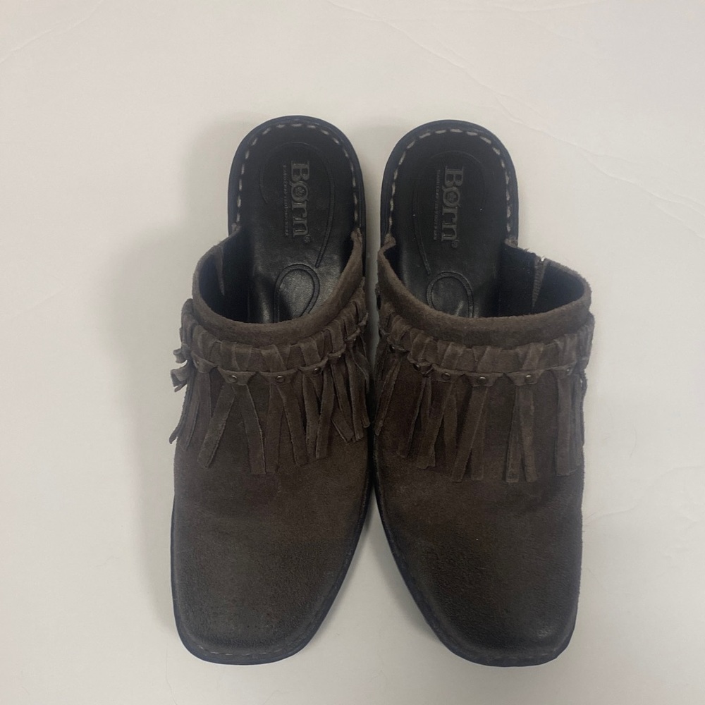 Born Brown Fringe Mules Western-Inspired